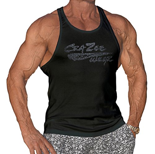 Crazee Wear Fitted Black with Grey Trim Bodybuilder Tank Top Metal Design