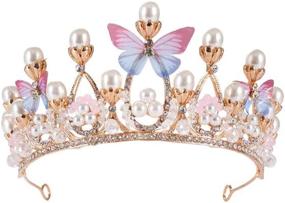 Simxen Crystal Tiara Crown Pearl Princess Costume Crown Headband Flower Pageant Handmade Hair Accessories Cosplay,Birthday,Celebration for Girl Women
