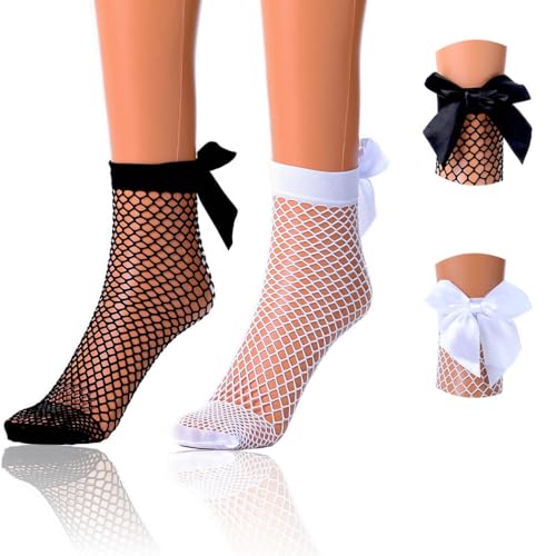 Fishnet Sheer Socks Bow Mesh Net Socks Elastic Hollow Short Sock for Women 2 Pairs