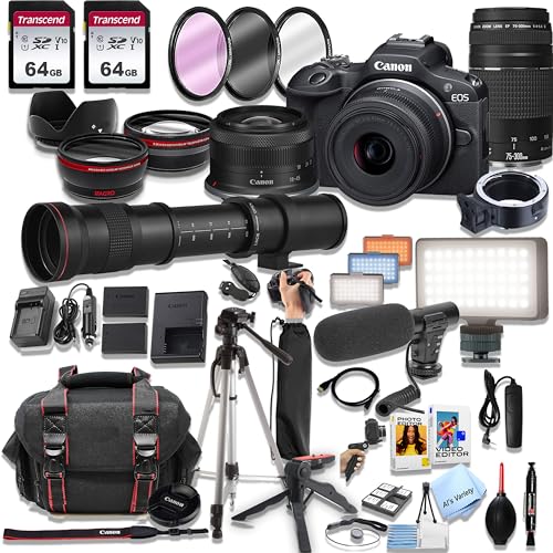 Canon EOS R100 Mirrorless Camera18-45mm and 75-300mm Lenses + 420-800mm Super Telephoto Lens + 128GB Memory, LED Light, Microphone, Spare Battery, Filters,Case, Tripod, and More (46pc Video Bundle)