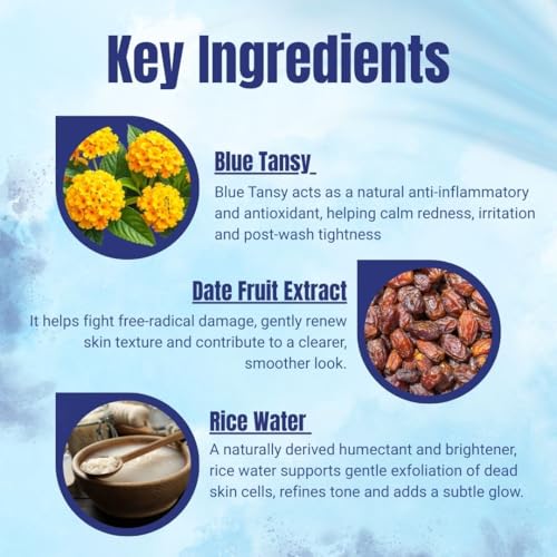 Image of Omeo Blue Tansy Hydrating Face Wash 100ml Glow & Bright Skin with Hyaluronic Acid, Rice Water & Date Fruit | Recommended by Dermatologist, All Type Skin-Woman & Man