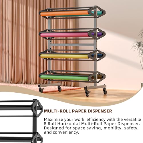 Large Paper Roll Dispenser, Vinyl Rack and Cutter for Craft Butcher Art Gift Paper Vinyl Storage Holder Holds Eight, 36inx9in Paper-Roll Holder for Crafting