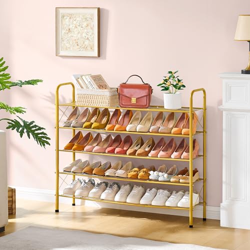 Image of Hoctieon 5 Tier Shoe Rack for Closet, Durable Mesh Style Shoe Rack, Entryway Shoe Shelf, Shoe Storage Organizer for Hallway, Bedroom, Living Room, Wardrobe, Gold