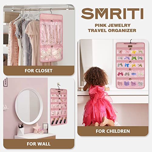 Smriti Jewelry Travel Organizer, Foldable Hanging Jewelry Organizer With 360 Degree Rotating Hanger And 23 Clear Dust Proof Dual Zippered Pockets For Traveling, Closet, Suitcase (Pink) #TOP5