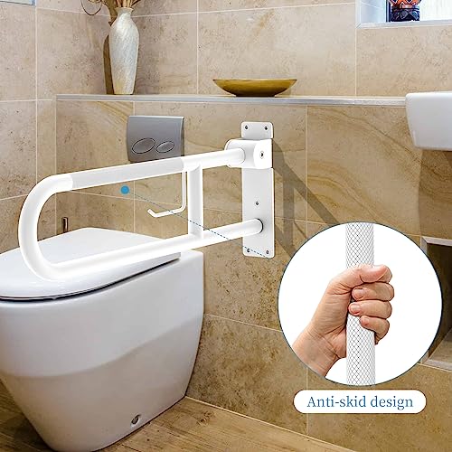 Image of U Shaped Toilet Grab Bar 32 Inch, Munzong White Anti-Slip Support Rail, Flip-Up Bathroom Grab Bar with Paper Holder, Stainless Steel Knurled Handicap Safety handrails for Elderly Disabled Pregnant