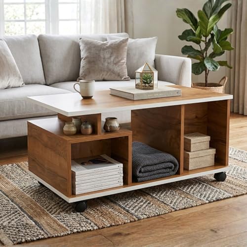 Image of FFO Coffee-Table with Storage | Center Table with Storage & Drawer | 50W X 90L X 45H Coffee Table with Open Shelf, Drawers & Cabinet | Center Table with Wheels |