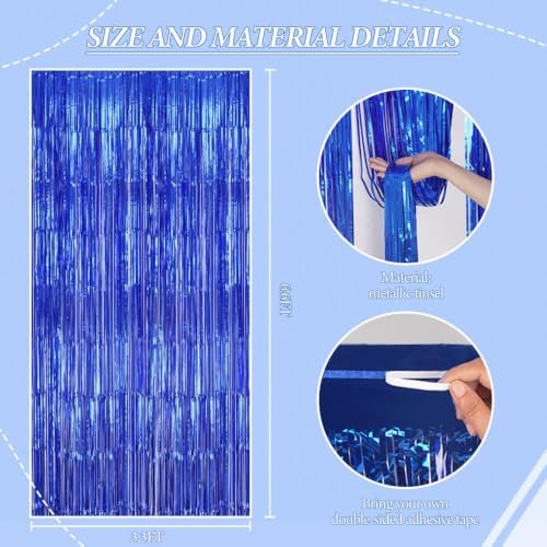 Image of DECOCKRAT 2 Pack Foil Fringe Backdrop - Royal Blue Shiny Tinsel Curtains for Party Decoration /Photo Booth Props - 3.3x6.6 FT Metallic Foil Backdrop for Birthday, Wedding, Graduation, Christmas.