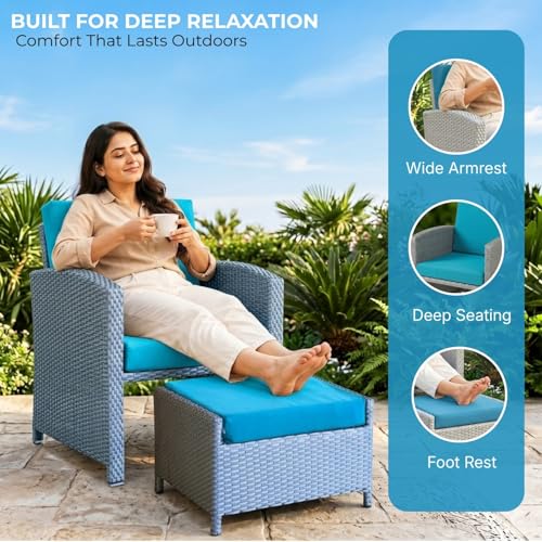 Image of DEVOKO Valencia 5 Piece All Weather Rattan Wicker Patio Sofa Set with Water Resistant Cushioned Chairs with Glass Top Table & Ottomans for Garden, Pool, Porch, Backyard (Silver Grey & Sky-Blue)
