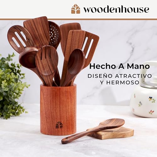 Miniatura 6 de Utensilios De Cocina Madera 12 Pzs - Set De Espátulas Y Cucharas De Madera, Con Soporte, Reposacucharas Y Ganchos. Antiarañazos. Accesorios Cocina Con Agarre Cómodo Para Sartenes Antiadherentes
