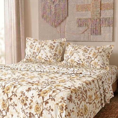 Image of LANE LINEN Symphony | 100% Cotton Sheet Set | Soft & Breathable Fabric | 3 Piece (1 Bedsheet + 2 Pillow Covers) | Double Bed Sheet Set - Gold Flower Pattern