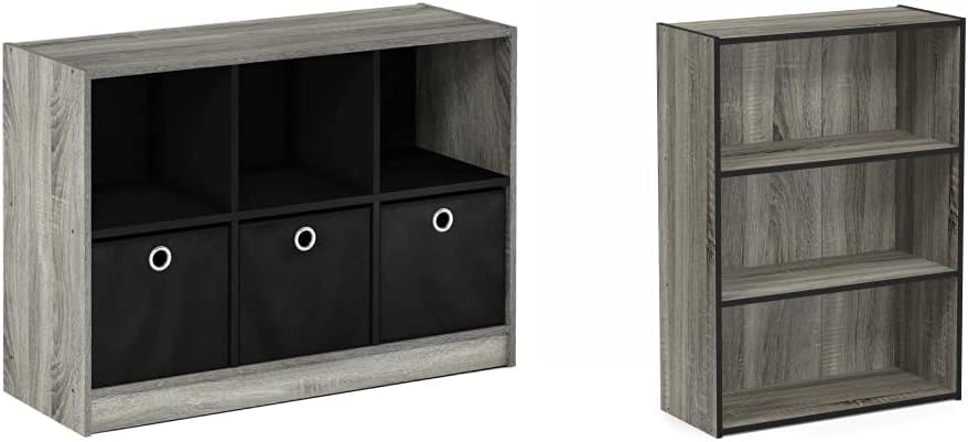 Furinno Pasir 3-Tier Bookcase and 3x2 Cube Storage with Bins (French Oak Grey)