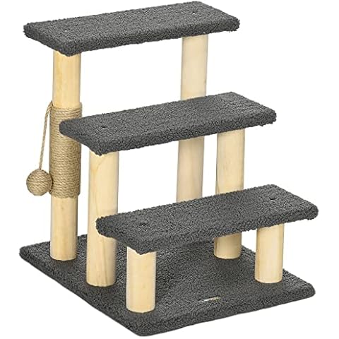 PawHut Katzentreppe 3-stufige Tiertreppe, 48 cm Haustiertreppe mit Sisalsäule, Hundetreppe mit Spielball, Einstieghilfe für hohe Betten, Kiefernholz, Grau+Natur Cover