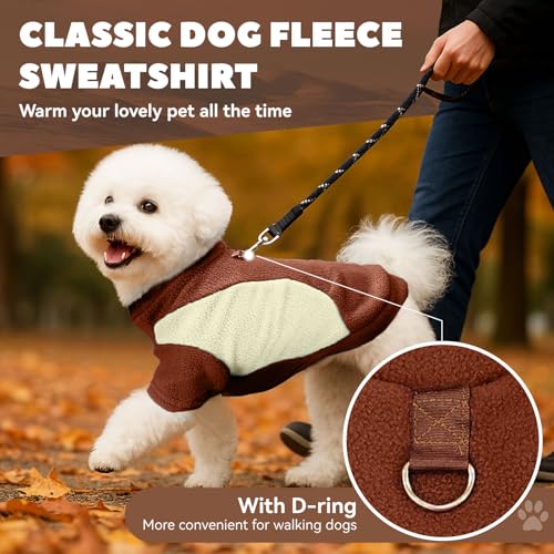 Image of Small Fleece Dog Sweater with Leash Ring Soft Warm Fall Winter Dog Clothes Cute Cat Apparel Puppy Sweaters Classic Pullover Doggy Sweatshirts Chihuahua Costumes Cat Outfits(Brown,XS)