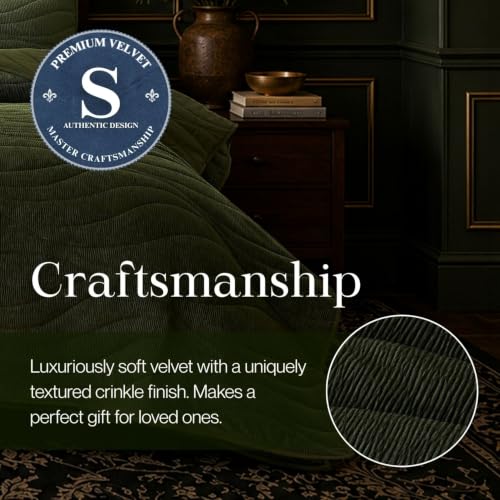 Image of DOWN HOME Crinkle Textured Velvet Quilt Set with Shams, All-Season Luxury Modern Bedding,Easy Care Comforter,Ultra-Soft,Lightweight & Breathable, Cali King, Courtyard Green