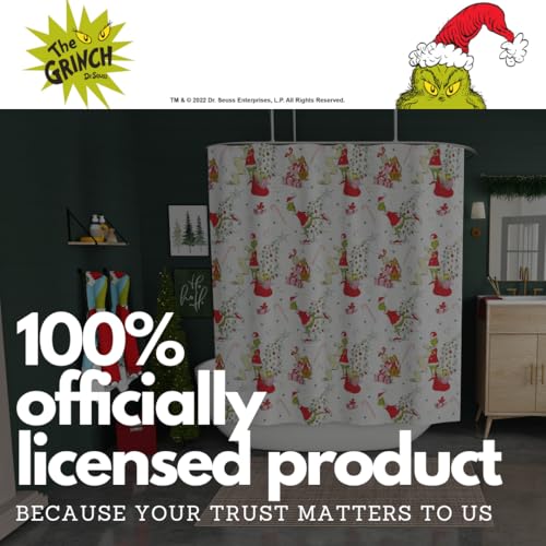 Image of Grinch Holiday Christmas 13-Piece Shower Curtain Set, 72 x 72 Inch Fabric Curtain with Hooks, Bathroom Decor, Machine Washable, (100% Officially Licensed Product) by Franco Collectibles
