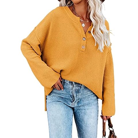 Saodimallsu Women's Oversized Sweaters Batwing Long Sleeve Loose V Neck Button Henley Tops Pullover Knit Jumper Yellow Medium Cover