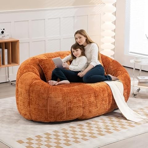 STLVUEO Bean Bag Chair, Giant Bean Bag Chairs Chenille Material, Lounge Sofa Loveseat with 2 Pillows, 2-Seat Bean Bag Couch for Living Room, Dorm Room, Bedroom, Sunroom, Orange Cover