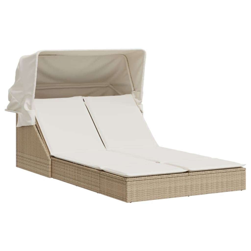 Homgoday Lit double avec auvent et coussins beige en polyrotin, chaises longues, canapé-lit, lit de piscine, lit de jardin