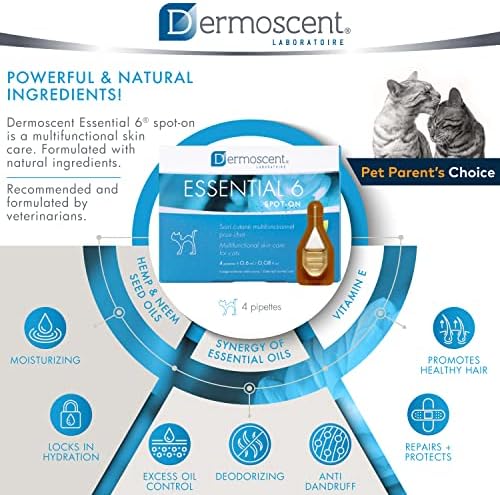 Dermoscent Essential 6 spot-on for Cats - Skin Care for Dandruff Dry or Oily Skin & Hair Loss - Natural Essential Oils & Fatty Acids - for a Healthy Skin & Coat - 4 Pipettes of 0.6 ml / 0.08 fl. oz
