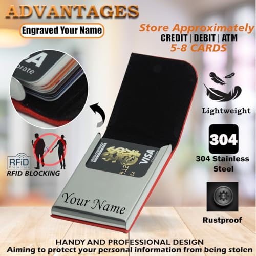 Image of Engraved Your Name Customized On Vertical Card Holder -Luxurious Unisex Design-RFID Blocking Stainless Steel 1 x 10 x 6 cm for Credit|Debit|ATM|Business Visiting Corporate Gift (Red-PTI)