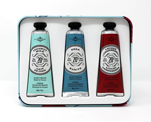 La Chatelaine 20% Shea Butter Hand Cream Travel Size Tin Gift Set, Coconut Milk, Shea, Lychee Cranberry