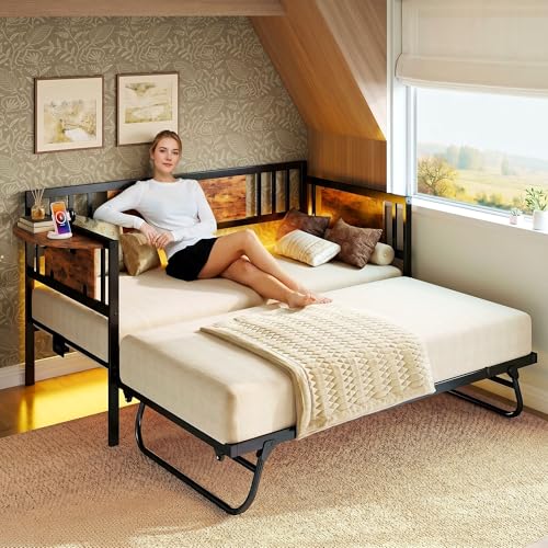 LIKIMIO Daybed with Trundle & Foldable Headboard, 700lbs Metal Twin Bed Frame with LED Lights and Charging Station, Industrial Day Bed for Bedroom, Living Room, Black