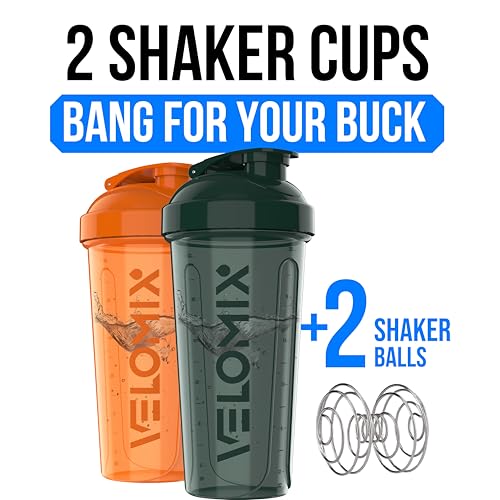 Image of VELOMIX -3 PACK- 28 oz Protein Shaker Bottle for Protein Mixes - 3x Wire Whisk | Leak Proof Shaker Cups for Protein Shakes | Stackable Protein Shaker Bottle Pack (C3) Green /Orange