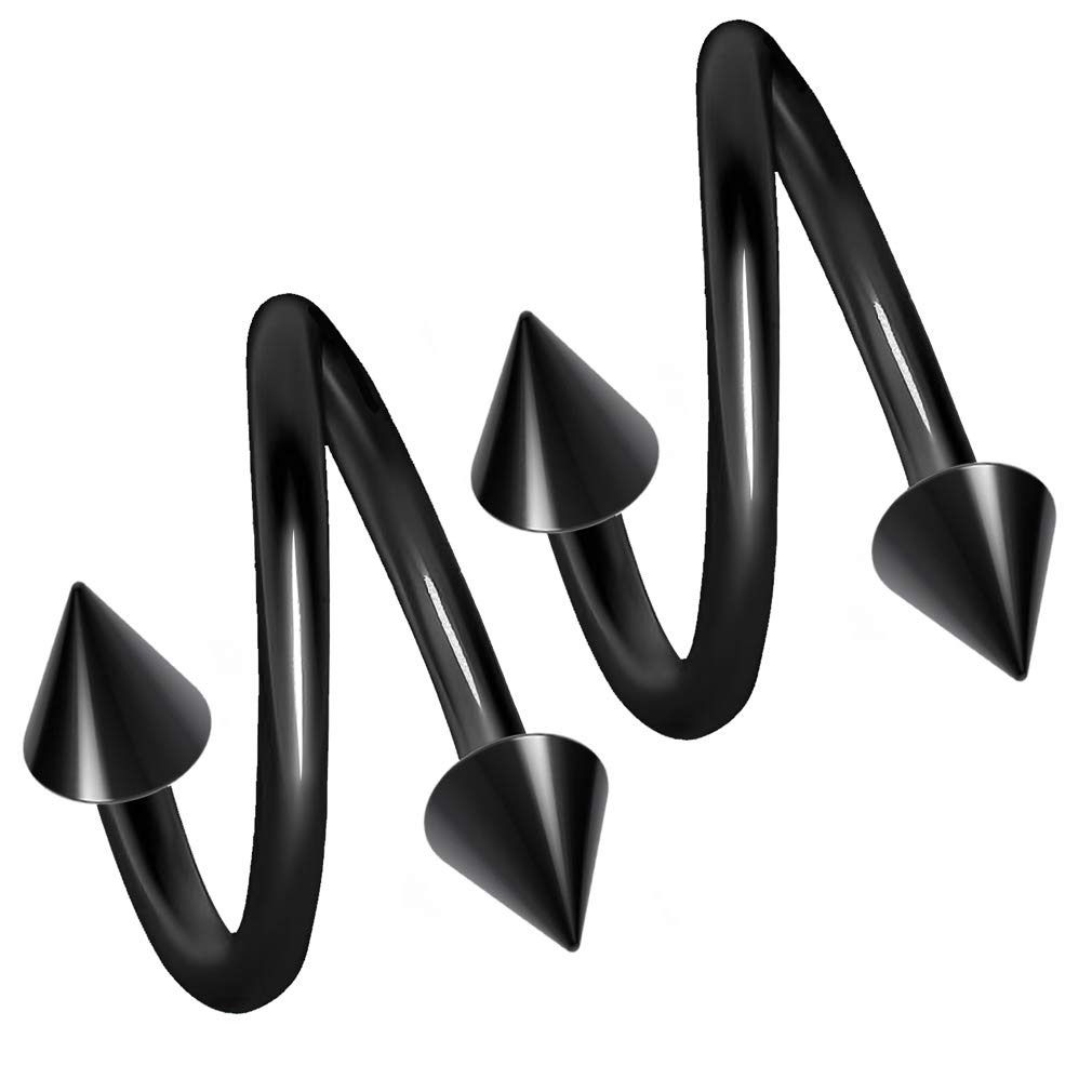 2pc Black 20g Surgical Steel Twisted Barbell 3mm Spike Spiral Cartilage Earrings Lip Tragus Eyebrow Hoop Helix - 6mm