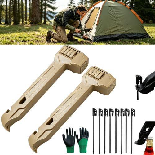 Image of Camping Hammer with 8 Pegs, Heavy-Duty Camping Mallet for Tent Stakes with Peg Puller, Bottle Opener, Storage Handle & Textured Striking Head for Hiking Backpacking (Khaki+Khaki)