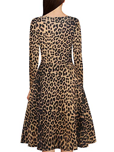 oxiuly Women's Vintage 1950's Leopard Criss-Cross Long Sleeve Party Cocktail Swing Casual Dress OX233 (XL, Leopard Brown 9)