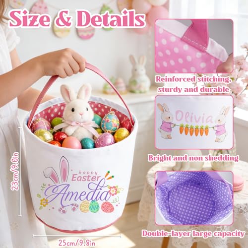 Personalized Easter Bunny Basket, Custom Name Egg Easter Buckets, Canvas Cotton Cute Bag for Easter Egg Hunt, Party Gifts and Daily Storage