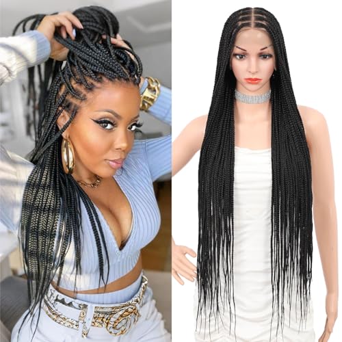Fecihor Braided Wigs for Women Knotless Braided Lace Front Wigs with Baby Hair Box Braid Wig 13x8 Inches HD Lace Frontal Black Braided Wigs 36 inches