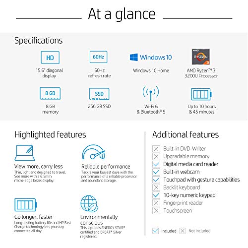 Notebook HD HP de 15 polegadas, 8 GB de RAM, SSD de 256 GB, Windows 10 Home, 15-15.99 inches