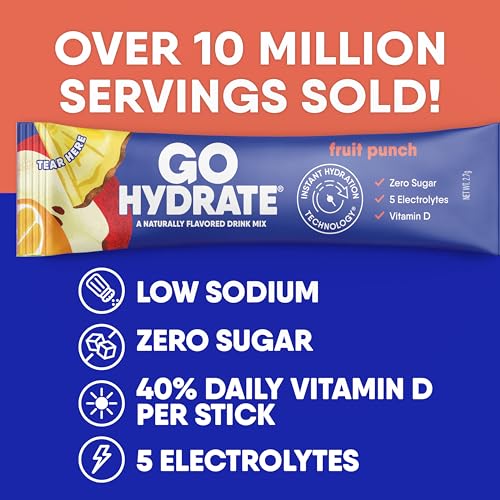 Image of GoHydrate Instant Hydration Powder Packets - Low Sodium Electrolytes Drink Mix - Natural Hydration Support, Sugar Free Electrolyte Flavored Powder Drink with Vitamin D, 30 Packs, Fruit Punch | Instant hydration daily drink mix; water flavor packet singles with Vitamin D
