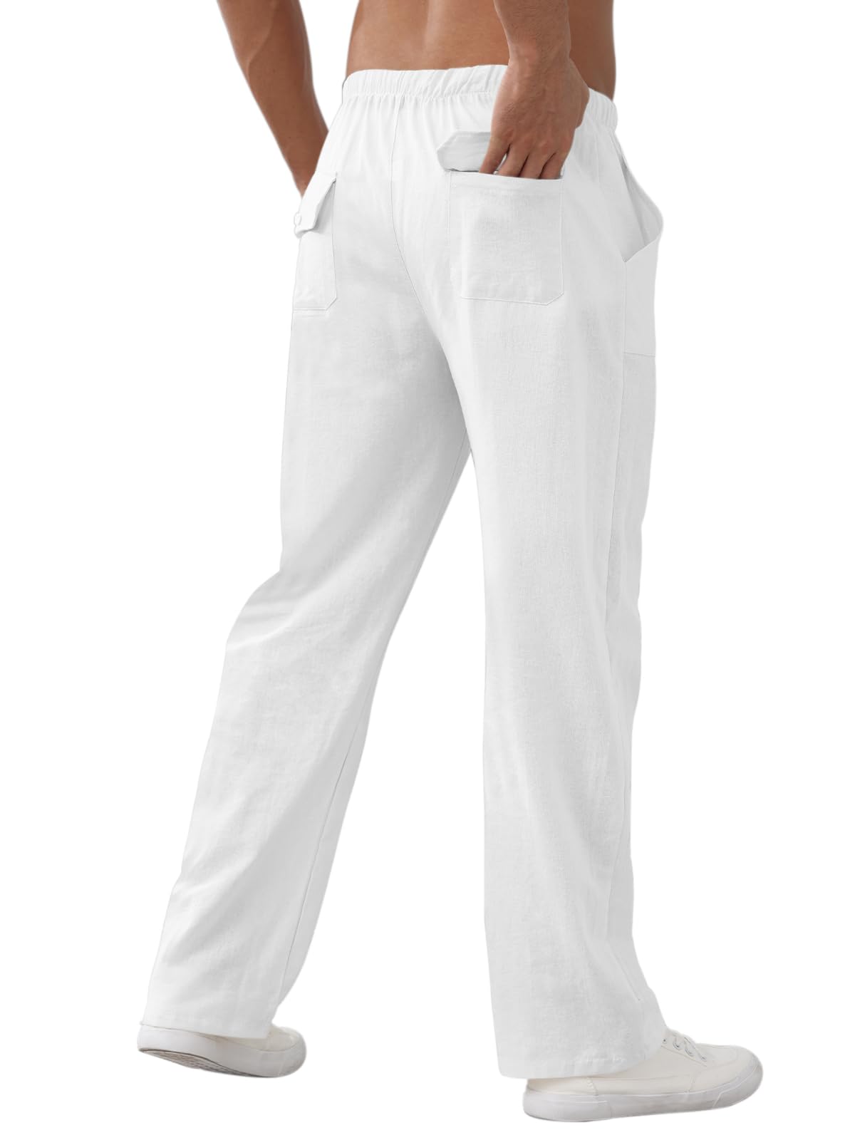 Pantalon Lin Homme Pantalon de Loisir Ample Pantalon Été Léger pour Homme avec Poches Ceinture Élastique et Cordon de Serrage