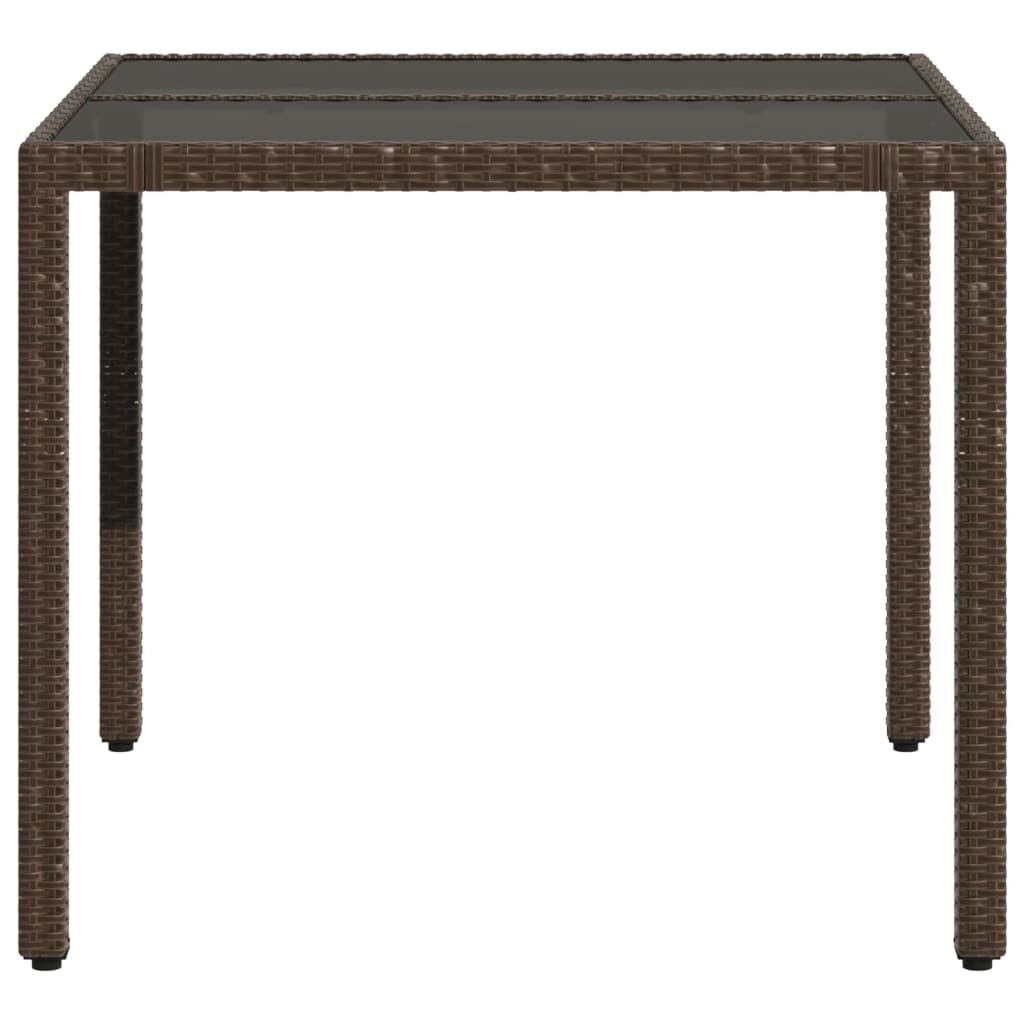 Tavolo da giardino in polyrattan marrone con vetro temperato, 90 x 90 x 75 cm, resistente alle intemperie, con telaio in acciaio verniciato a polvere, per cene all'aperto in giardino