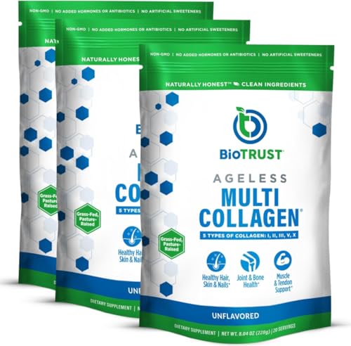 BioTrust Ageless Multi Collagen Peptides Powder - 5 Types (I II III V X) - Unflavored Collagen Powder for Women & Men - Hydrolyzed Protein - Grass Fed Beef Fish Chicken Eggshell Membrane 3-pk