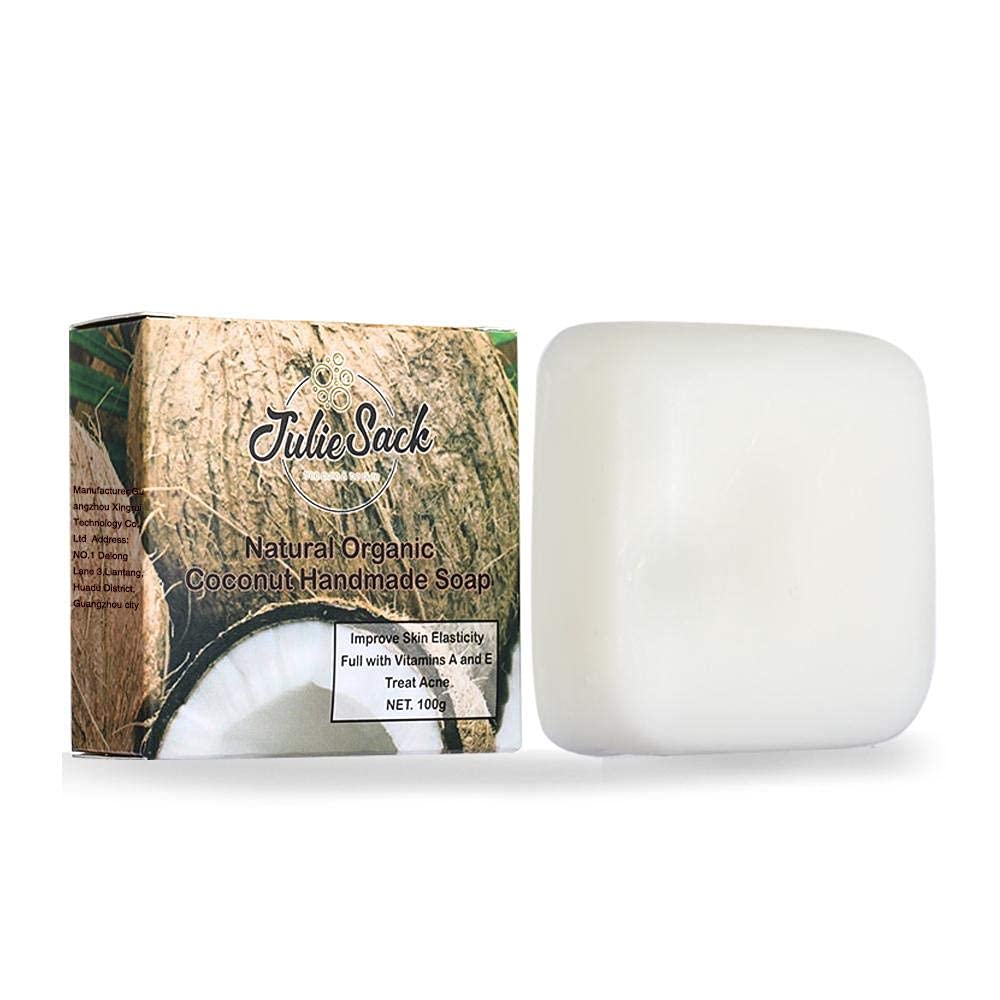 JulieSack Natural Organic Coconut Handmade Soap Bar 100g | Nourishes & Soften Dry Skin Treats Acne Face, Hand and Body,With Coconut, Olive, Shea Butter, Sweet Almond