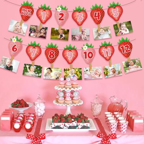 Strawberry 1st Birthday Decorations, Berry First Birthday Party Supplies, Strawberry First Birthday Banner for Boys Girls Strawberry Birthday Party Supplies,12 Months Photo Display - Thumbnail 7