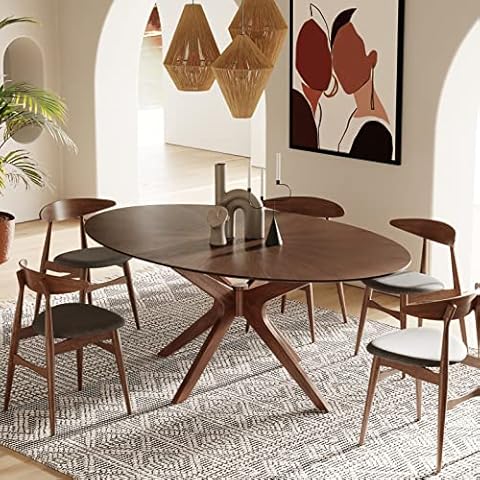 Limari Home Poype Collection Modern Style Walnut Finished Oval 8 Persons Dining Table With Solid Wood Legs and Base, Brown Cover