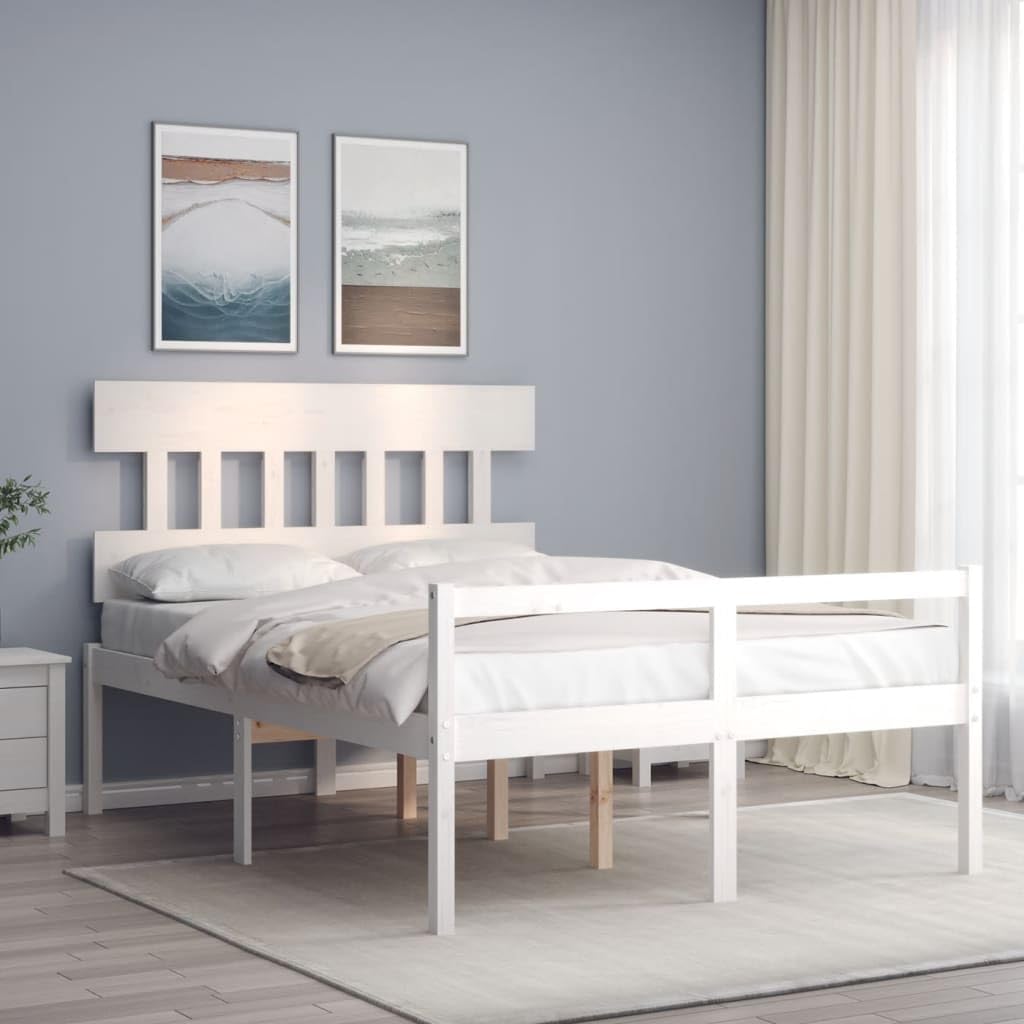 Seniorenbett aus massivem Kiefernholz 140x190 cm Weiß mit Kopfteil, Lattenrost und Stauraum, seniorengerechtes Holzbettrahmen für Schlafzimmer und Gästezimmer