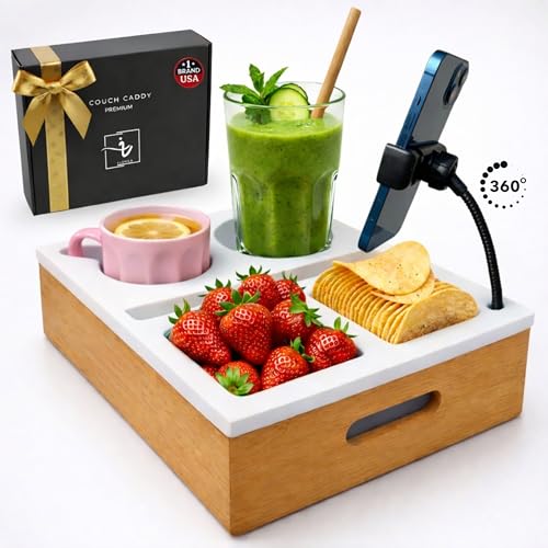 INDUCA Couch Caddy with Cup Holder | Wood Couch Cup Holder Tray for Drinks Snacks & Remotes | Sofa Couch Organizer with Phone & Cup Holder Tray (White)