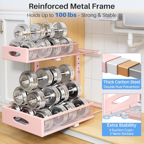 Image of Under Sink Organizer, 2 Tier Pull Out Under Cabinet Organizer Shelf with Pad for Framed Cabinets, Metal Slide Out Under Sink Storage, Mesh Sliding Drawers for Kitchen Bathroom Laundry(Pink, 1 Pack)