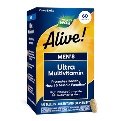 Nature's Way Alive! Men’s Once Daily Ultra Potency Multivitamin Tablets, Complete High Potency Men’s Daily Vitamin Promotes Heart & Muscle Function*, B-Vitamins, Zinc and Antioxidants, 60 Tablets