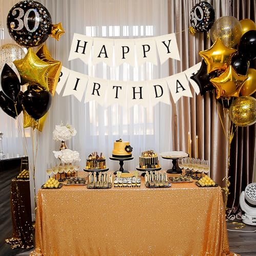 Image of Domeny Happy Birthday Burlap Banner Boho Birthday Bunting Banner Black Bohemian Birthdays Bunting Garland Rustic White Birthday Party Hanging Garland for Women Men Birthday Photo Backdrop