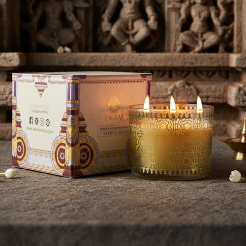 Image of EKAM 2025-26 Festive Fragrance Gift| Scented 3 Wick Candle| Temple Bloom | Inspired by Stone Palace | 28-Hour Burn | Essential Oil Infused | Gift Box for Diwali & Celebrations