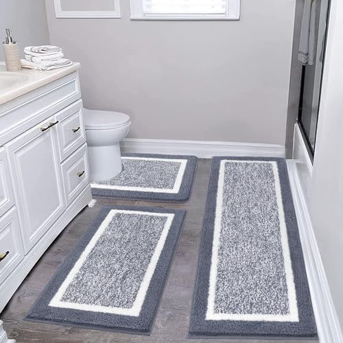 Pauwer Bathroom Rug Mat Set 3 Piece, Microfiber Shaggy Bath Set, Non-Slip Ultra Soft Carpet Mats, Absorbent with U-Shaped Toilet for Bathroom, Tub, Shower, Dark Grey