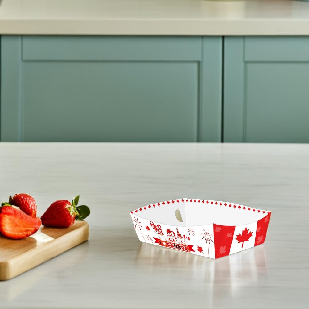 LOGOFUN 24PCS Canada Day Maple Leaf Party Snack Serving Boat Shaped Paper Trays for Hot Dogs Popcorn Fries Carnival Picnic Decorations - 4 Patterns