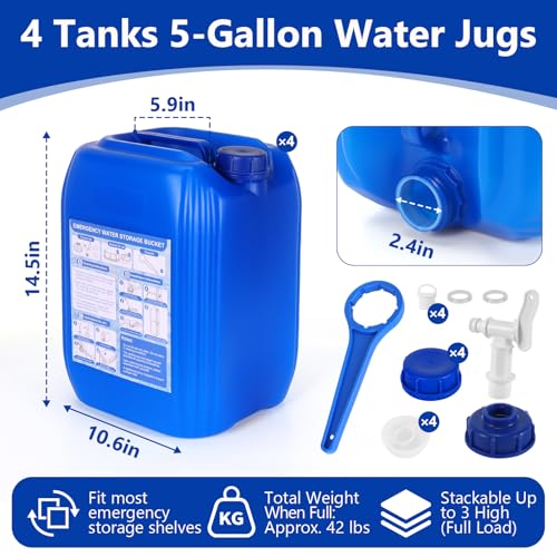4 Tanks 5 Gallon Water Storage Containers,Total 20 Gallons Stackable Emergency Water Storage Long Term,Portable HDPE Water Jug with Great Sealing Performance for Emergency Management Outdoor Camping - Image 3