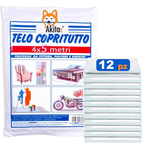 Akitaink - Set da 12 Telo copritutto, Teli per Imbiancare 4x5 m: Telo Protettivo per Pittura, Impermeabile - Coperture Plastica Multifunzione per Imbianchino - Copritutto per Lavori di Pittura